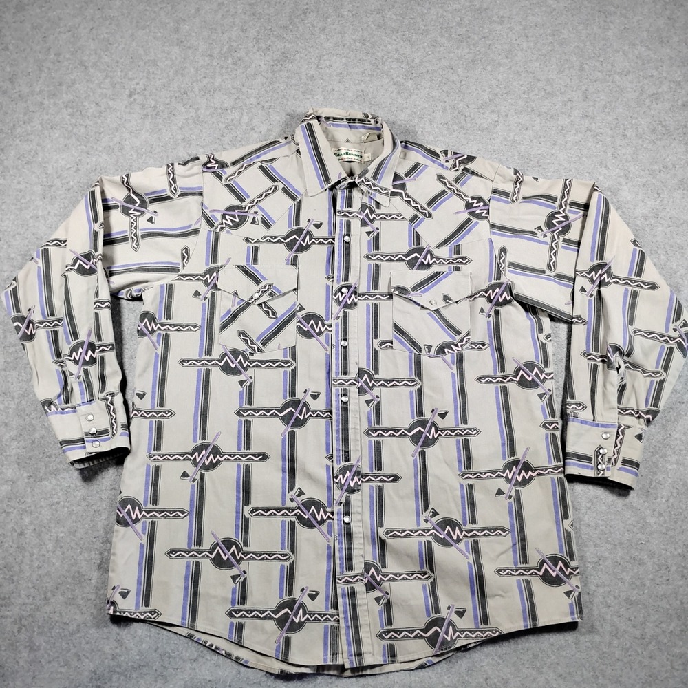 Roadrunner Mens Vintage Western Pearl Snap Shirt Gray Geometric Southwest Large‎
